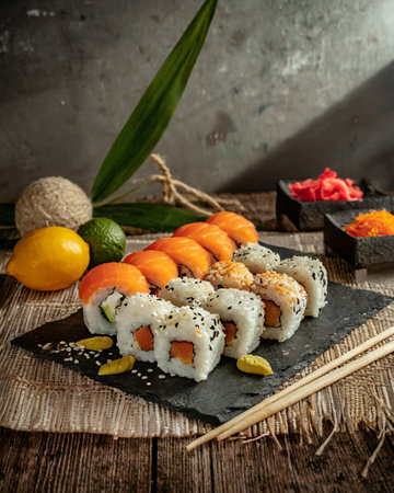 Sushi rolls with salmon, cheese, cucumber, cream cheese, ginger and wasabiの素材