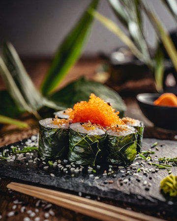 sushi on a black stone plate on a wooden table, verticalの素材