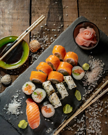 Sushi roll with salmon, shrimp, avocado, cucumber and cream cheeseの素材