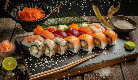 Sushi roll with salmon, tuna, eel, avocado, cucumber and cream cheese. Sushi menu. Japanese foodの素材