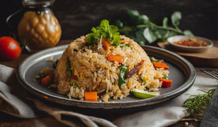 Fried rice with prawns and vegetables on a dark backgroundの素材