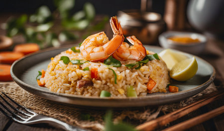 Fried rice with prawns and vegetables on a dark backgroundの素材