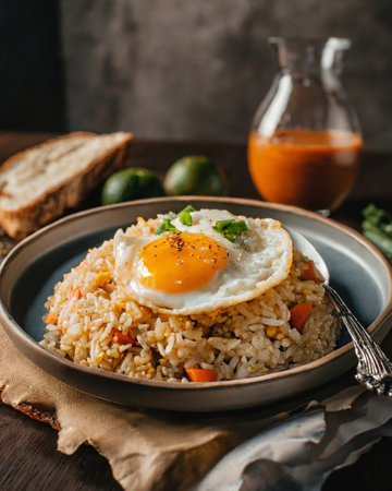 Fried rice with fried egg, green peas, carrot and onionの素材