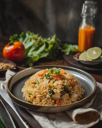 Fried rice with prawns and vegetables on a dark backgroundの素材
