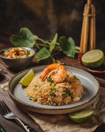 shrimp Fried rice with prawns and vegetables on a wooden backgroundの素材