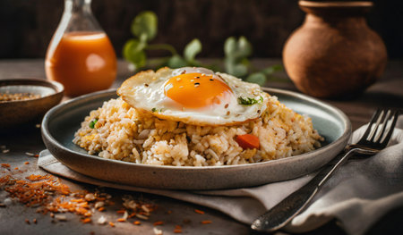 Fried rice with fried egg, green peas, carrot and onionの素材