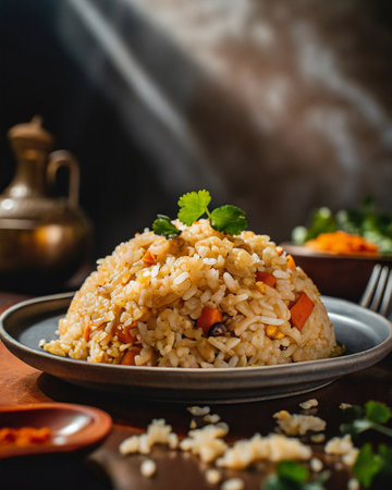 Fried rice with prawns and vegetables on a dark backgroundの素材