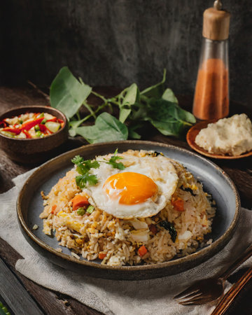 Fried rice with fried egg, green peas, carrot and onionの素材