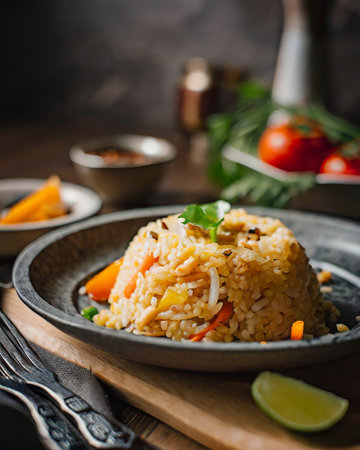 shrimp Fried rice with prawns and vegetables on a wooden backgroundの素材
