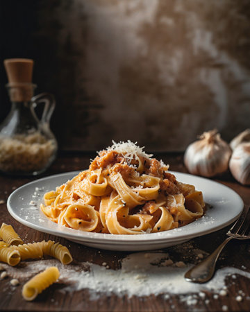 Pasta with tomato sauce and parmesan cheese on wooden backgroundの素材