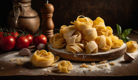 Pasta with tomato sauce and parmesan cheese on wooden backgroundの素材