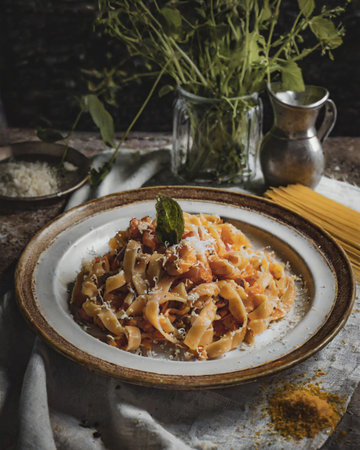 Pasta with tomato sauce and parmesan cheese on wooden backgroundの素材