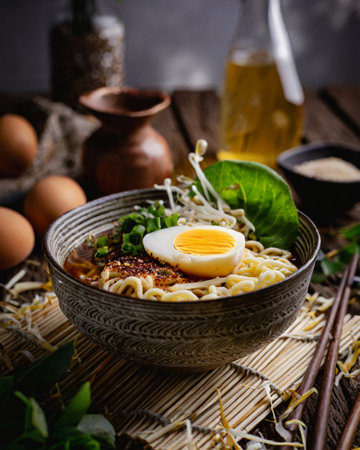 Japanese ramen noodle soup with egg in bowl on wooden tableの素材