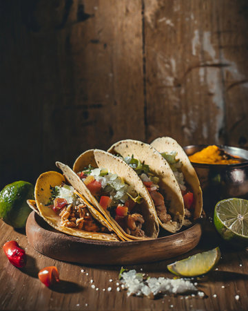 Traditional mexican tacos with beef and vegetables on rustic backgroundの素材
