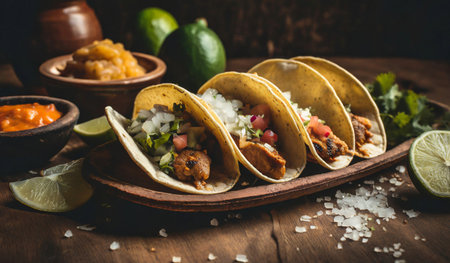 Traditional mexican tacos with beef and vegetables on rustic backgroundの素材