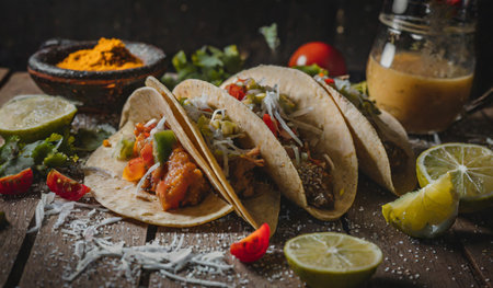 Traditional mexican tacos with beef and vegetables on rustic backgroundの素材