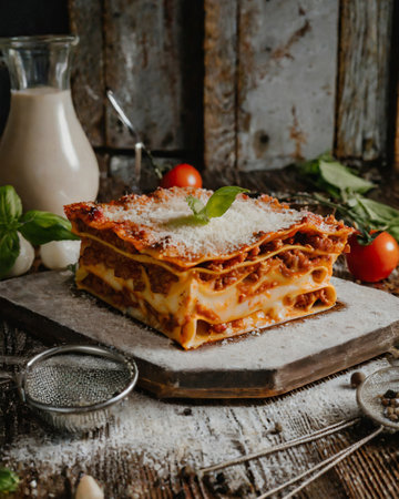 Lasagna bolognese with minced beef, tomato and basil on rustic wooden backgroundの素材