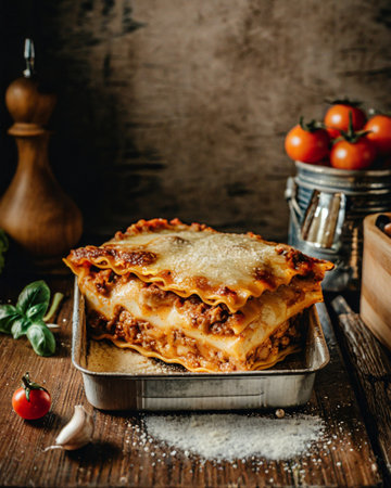 Lasagna bolognese with minced beef, tomato and basil on rustic wooden backgroundの素材