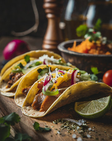 Traditional mexican tacos with beef and vegetables on rustic backgroundの素材