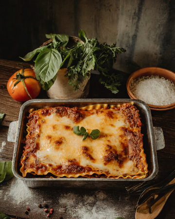 Lasagna bolognese with minced beef, tomato and basil on rustic wooden backgroundの素材
