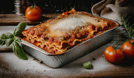 Lasagna bolognese with minced beef, tomato and basil on rustic wooden backgroundの素材