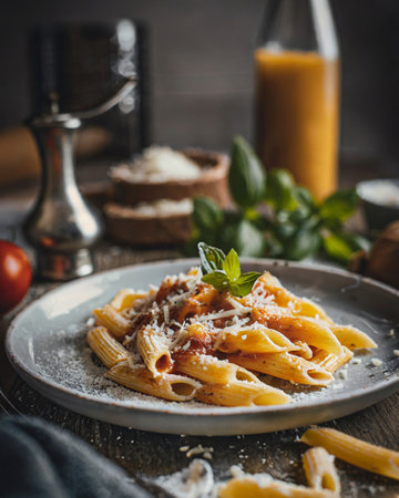 Pasta with tomato sauce and parmesan cheese on wooden backgroundの素材