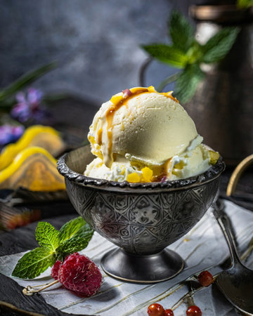 Vanilla ice cream with fresh berries and mint. Selective focusの素材