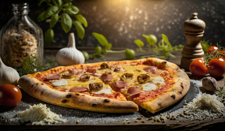 Pizza with ham, mushrooms and cheese on a wooden background.の素材