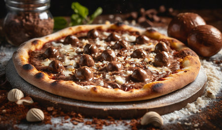Pizza with chocolate and nuts on a dark wooden background, selective focus.の素材