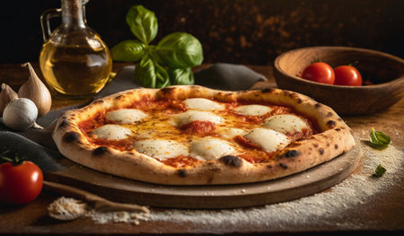 Italian pizza with mozzarella cheese, tomato and basil on a wooden tableの素材
