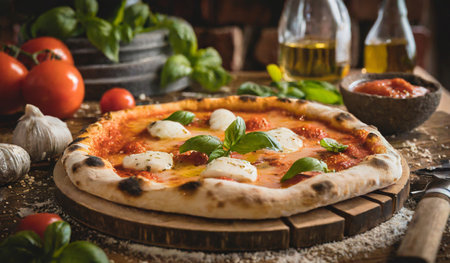 Pizza Margherita with mozzarella cheese, tomato and basilの素材