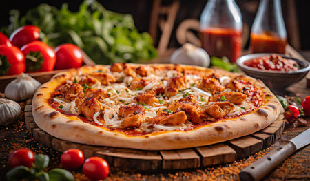 Pizza with chicken and tomato sauce on a wooden board. Restaurantの素材