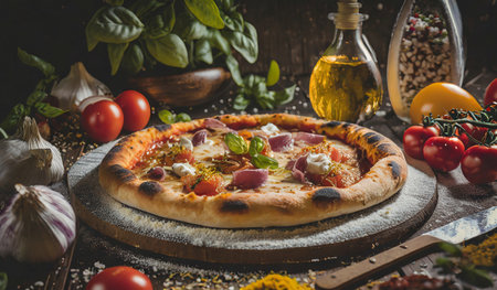 Pizza with mozzarella, tomatoes and basil on wooden tableの素材