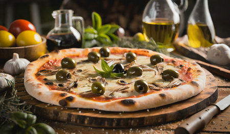Pizza with olives and mozzarella on a wooden tableの素材