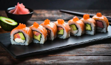 Sushi set on a bamboo plate with soy sauce and wasabiの素材