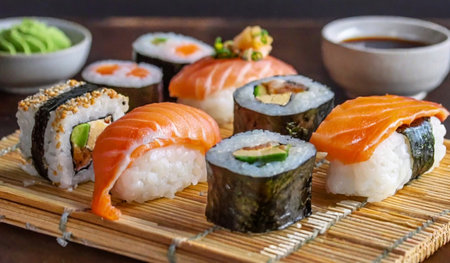 Sushi set on a bamboo plate with soy sauce and wasabiの素材