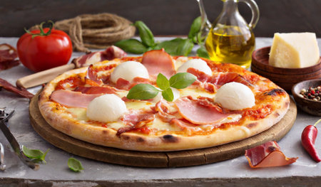 Pizza with mozzarella, ham and tomatoes on a wooden backgroundの素材