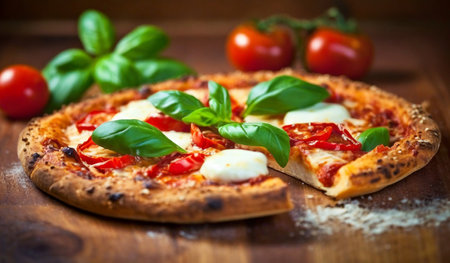 Pizza Margherita with mozzarella cheese, tomatoes and basilの素材