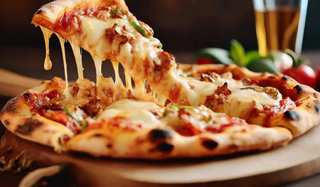 Pizza with mozzarella cheese and tomato sauce on wooden boardの素材