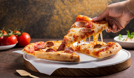 Pizza with salami and mozzarella cheese, selective focusの素材