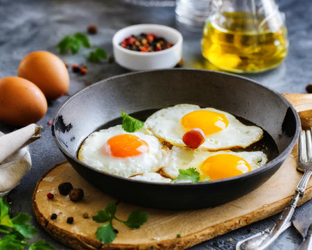 Fried eggs in a frying pan on a dark concrete background.の素材