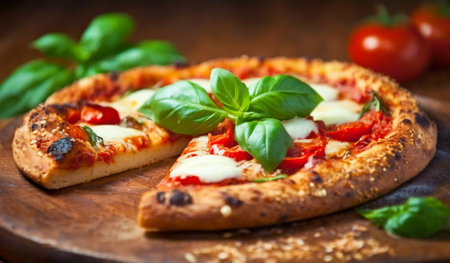 Pizza with mozzarella, tomatoes and basil on wooden backgroundの素材