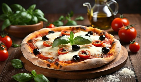 Pizza with mozzarella cheese, tomatoes and olives on wooden tableの素材
