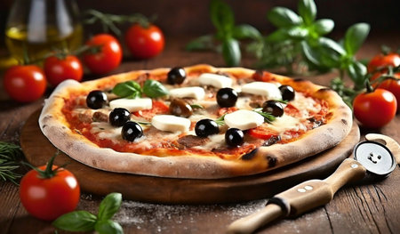Pizza with mozzarella, olives and tomatoes on wooden tableの素材