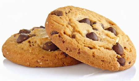 Chocolate chip cookies on a white background, close-up.の素材