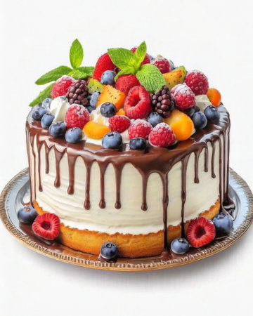 Cake with whipped cream and fresh berries on a white background.の素材