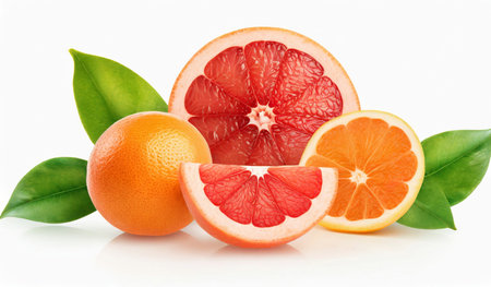 Slices of grapefruits with leaves isolated on white backgroundの素材