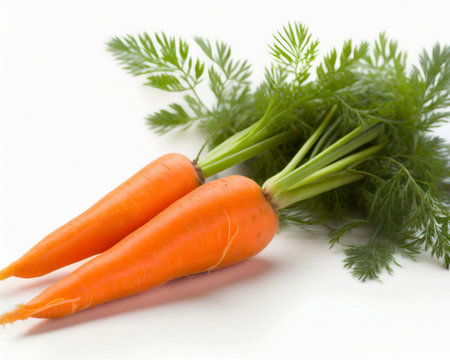 Fresh carrots with green leaves isolated on white background. Close up.の素材