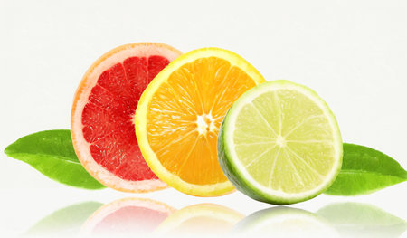 Sliced citrus fruit isolated on white background. Lemon, lime, grapefruit, orange.の素材