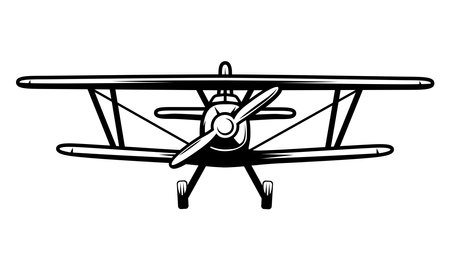 Retro airplane isolated on white background. Vector illustration in black and white colors.のイラスト素材